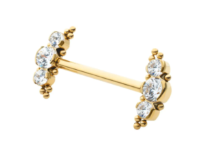 24Kt Gold PVD Titanium Beads and Semi-Bezel Set 3 Cluster CZ Nipple Barbell